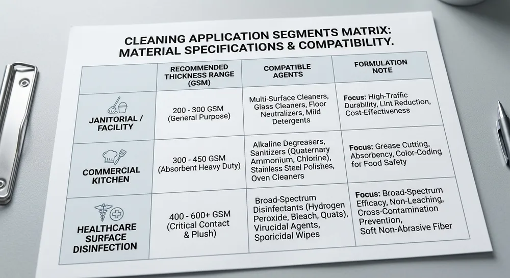 Application segment matrix showing recommended nitrile glove thickness and formulation for janitorial, food service, and healthcare cleaning environments