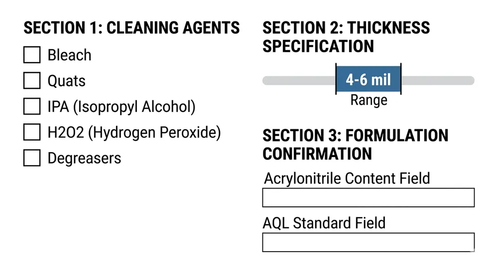 RFQ specification checklist for chemical resistant nitrile cleaning gloves showing required fields for cleaning agent, thickness, and formulation