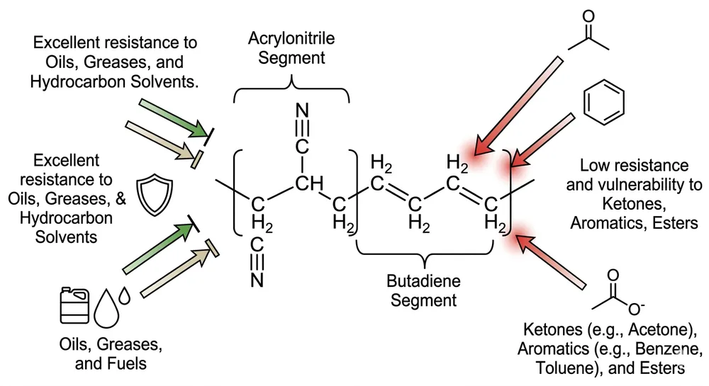 Diagram showing how acrylonitrile content in nitrile compound affects chemical resistance to oils versus polar solvents