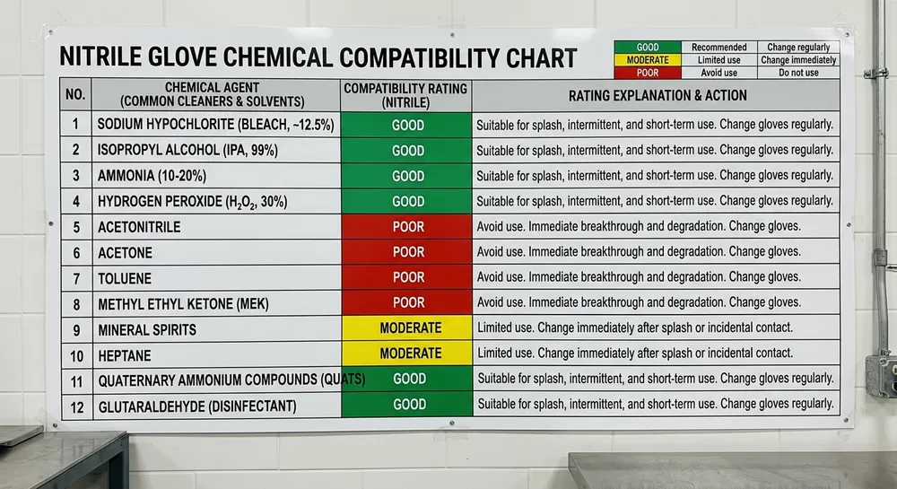 Chemical compatibility chart for blue nitrile cleaning gloves showing resistance ratings for bleach, quats, alcohols, acids, and solvents