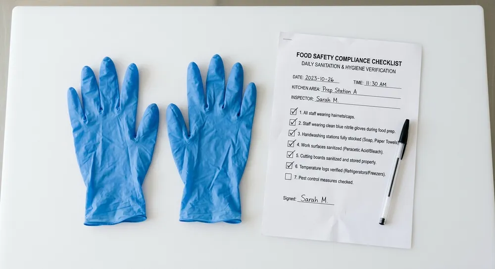 Blue nitrile cleaning gloves laid flat next to FDA compliance documentation for food-contact materials