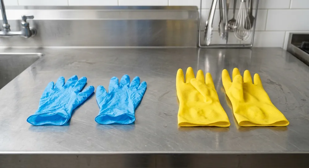 Blue nitrile cleaning gloves and yellow rubber household gloves placed side by side on a stainless steel kitchen surface