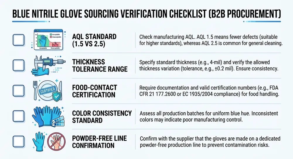 Sourcing verification checklist for blue nitrile cleaning gloves showing AQL standard, thickness tolerance, food-contact certification, and color consistency checks