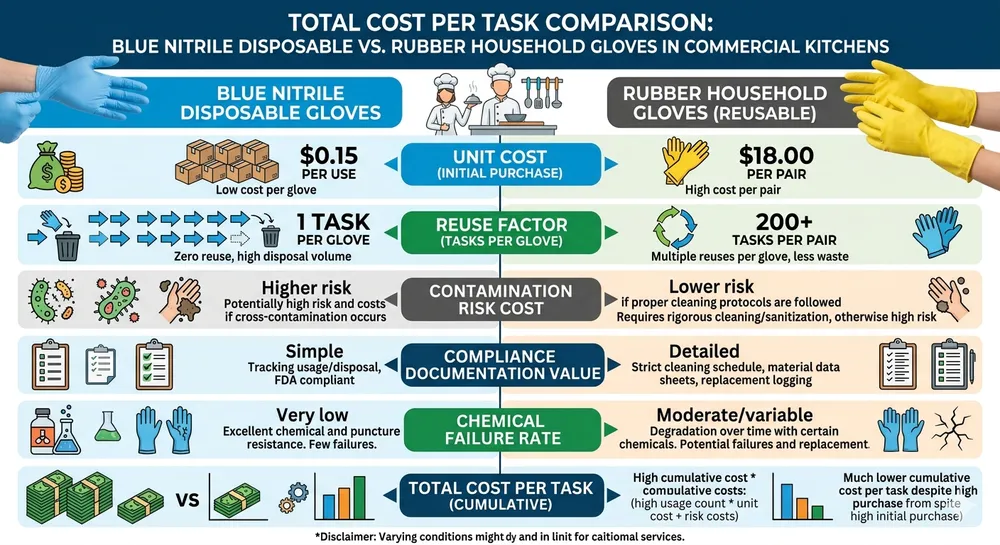 Cost comparison diagram showing per-task total cost of nitrile disposable gloves versus reusable rubber household gloves in commercial kitchen use