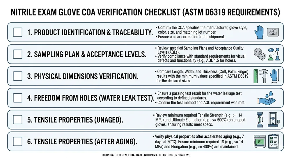 Checklist diagram showing key fields to verify on a nitrile exam glove supplier COA against ASTM D6319 requirements