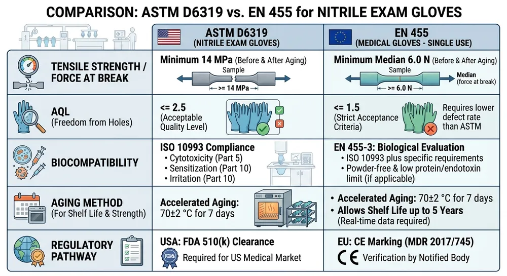 Side-by-side comparison table of ASTM D6319 and EN 455 requirements for nitrile examination gloves