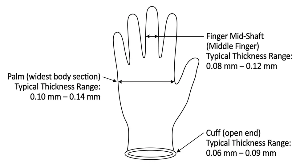 Diagram showing three ASTM D6319 thickness measurement zones on a nitrile exam glove — palm, finger mid-shaft, and cuff