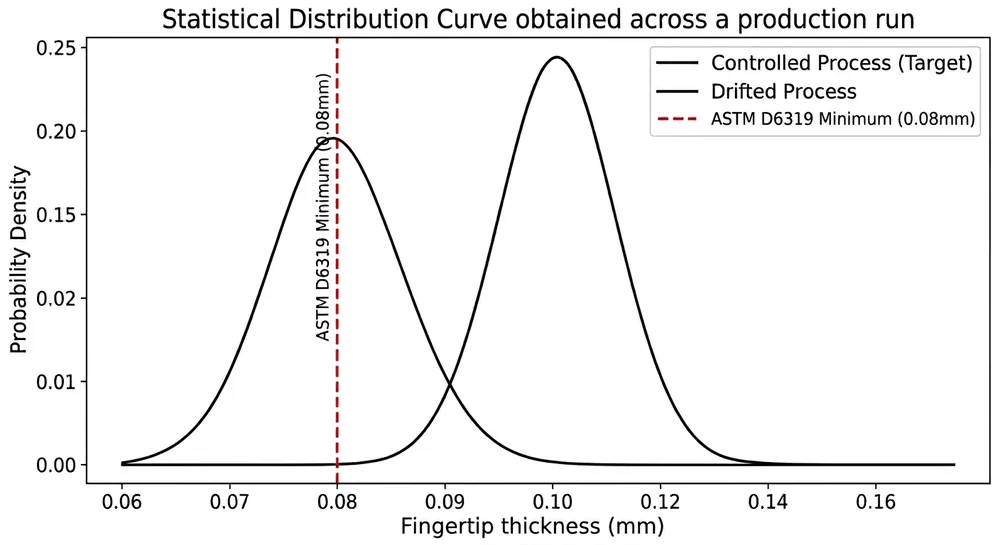 Chart showing fingertip thickness distribution across a production run and how low-end values fall below ASTM D6319 minimum, triggering AQL failures