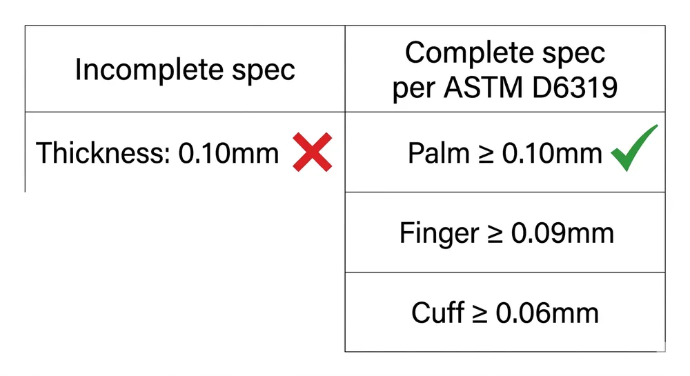 Table comparing single-zone vs three-zone thickness specification format for nitrile exam gloves, showing ASTM D6319 minimums per zone