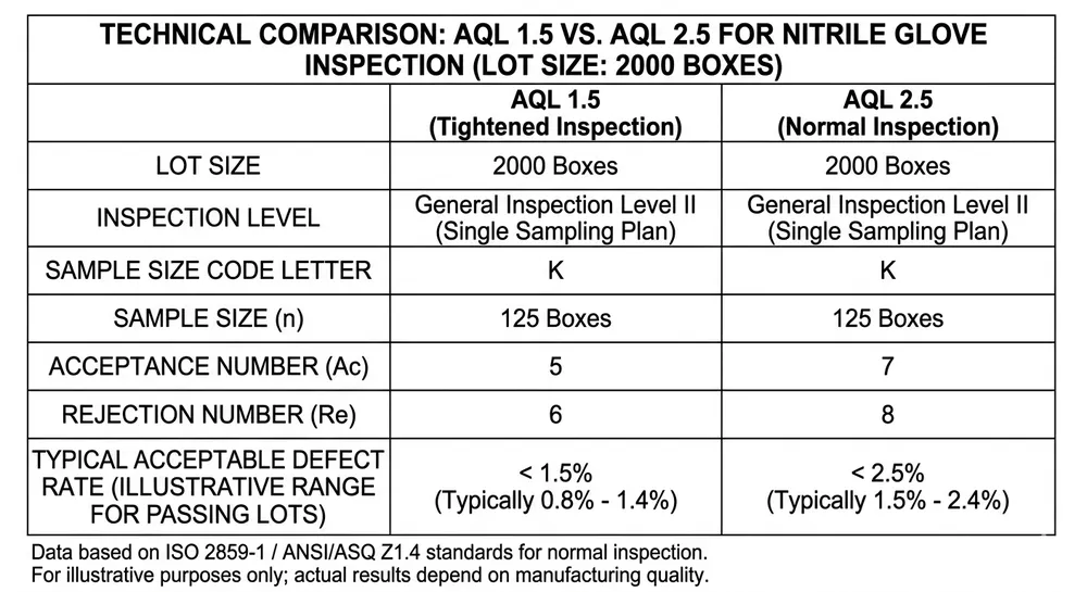 Side-by-side comparison chart of AQL 1.5 and AQL 2.5 inspection standards for blue nitrile gloves showing sample sizes and acceptance numbers