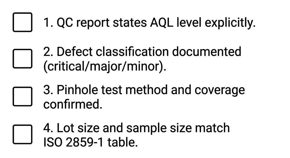 Sourcing checklist for verifying AQL inspection documentation on blue nitrile glove orders before container release