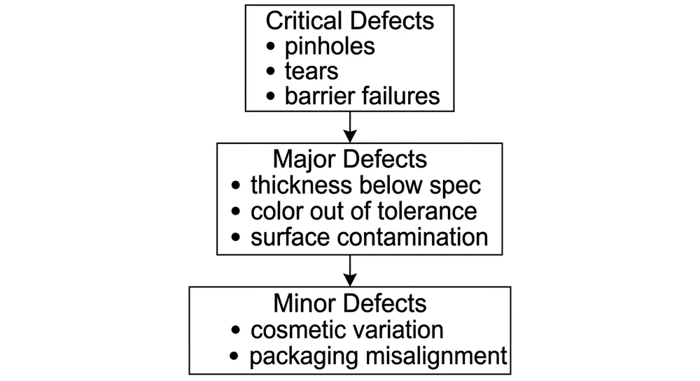 Diagram showing critical, major, and minor defect classifications for blue nitrile gloves under AQL inspection