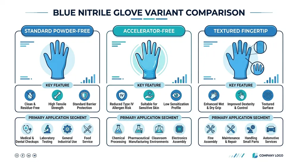 Blue Nitrile Glove Variant Comparison Side-by-side comparison of standard powder-free, accelerator-free, and textured fingertip blue nitrile glove variants