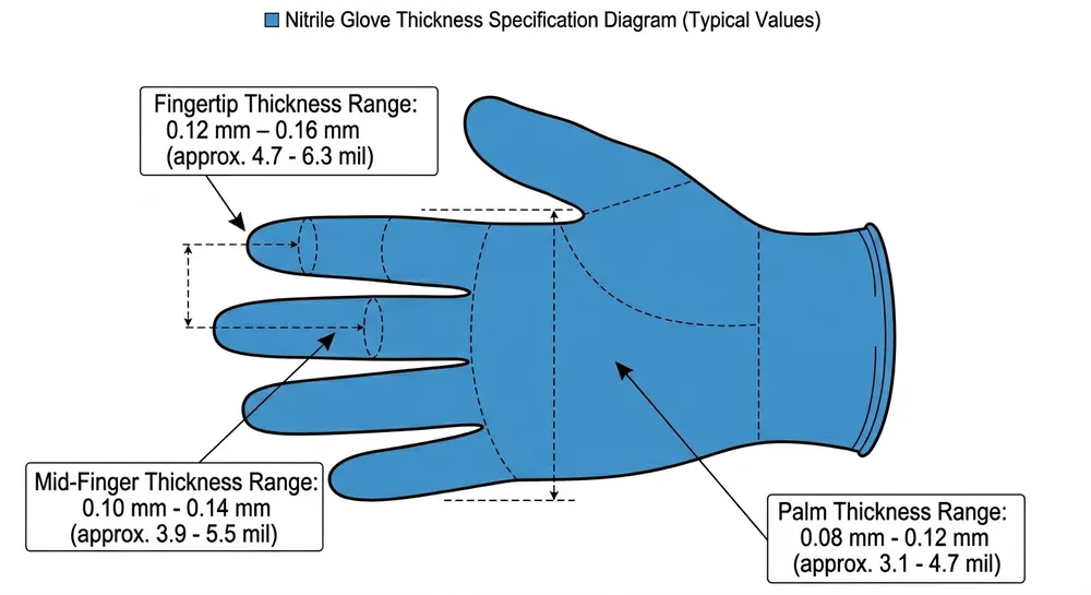 Blue nitrile glove cross-section diagram showing thickness zones at palm, finger, and fingertip