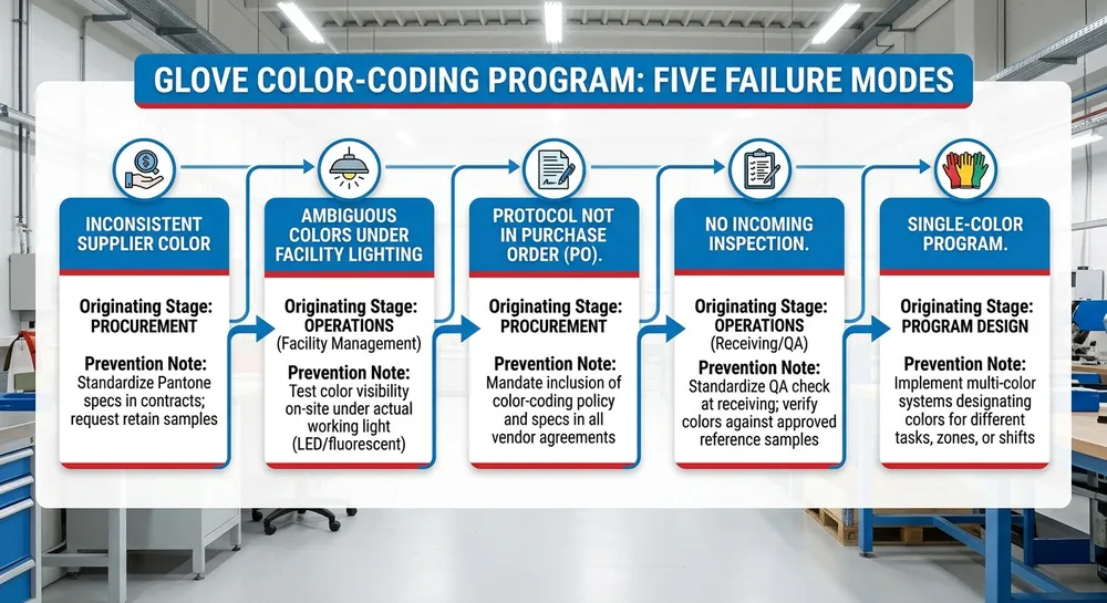 Diagram showing five common failure modes in nitrile glove color-coding programs with prevention notes