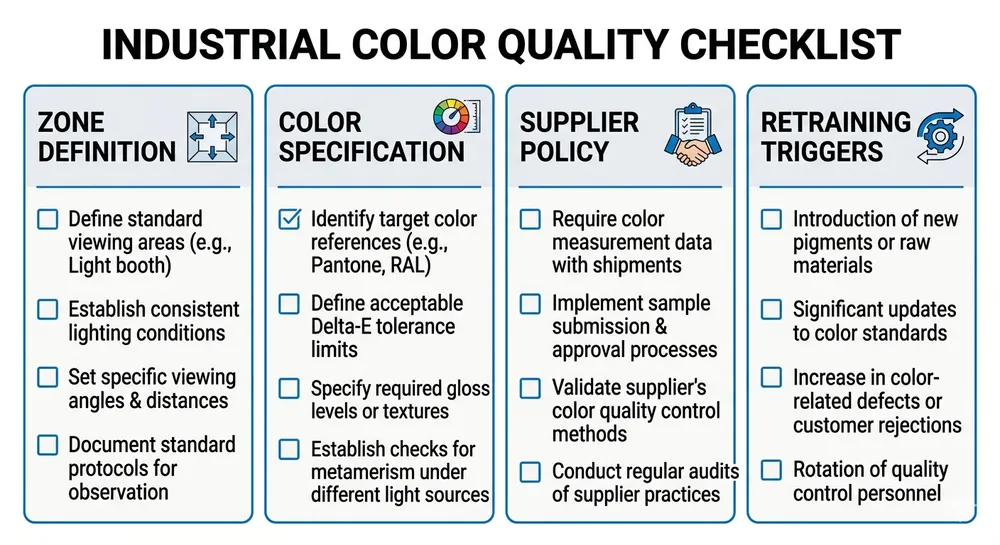 Step-by-step checklist for implementing a nitrile glove color-coding protocol in food or medical facilities