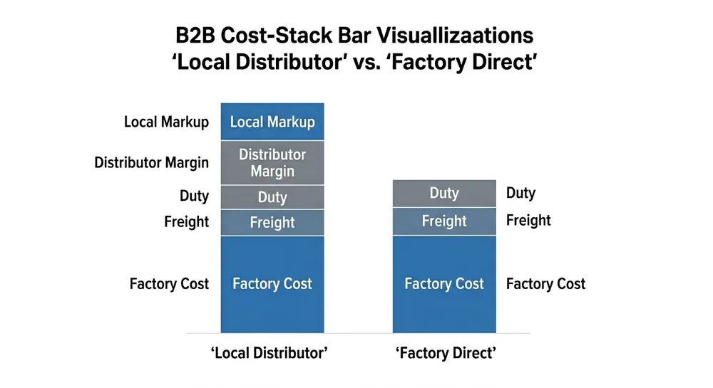 Local Distributor vs Factory-Direct Cost Structure Cost comparison diagram showing margin layers between factory-direct and local distributor sourcing for blue nitrile gloves in Canada