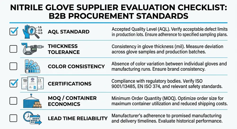 Blue Nitrile Glove Supplier Evaluation Criteria Supplier evaluation checklist for blue nitrile gloves covering AQL, thickness tolerance, certifications, and MOQ