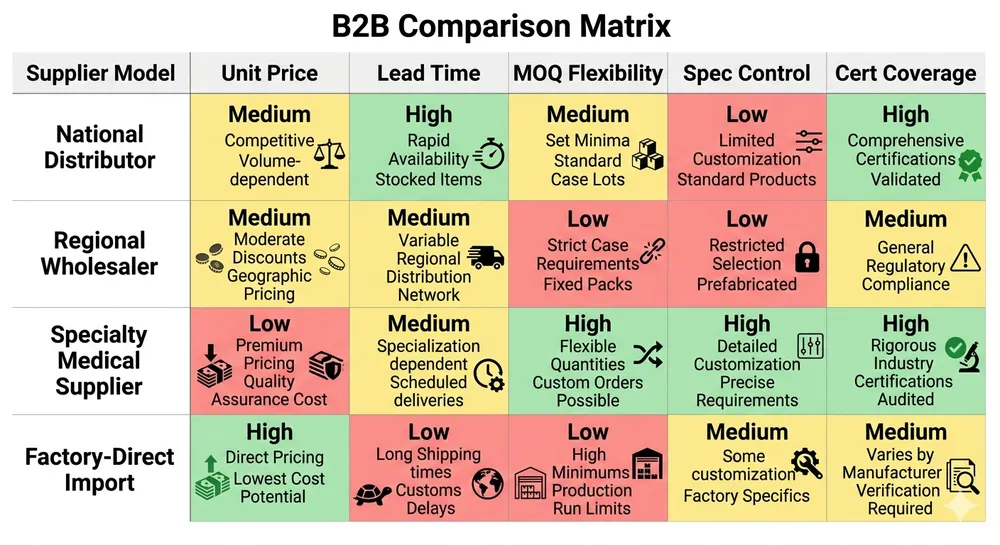 Comparison matrix of US blue nitrile glove supplier models by order size, lead time, and pricing tier