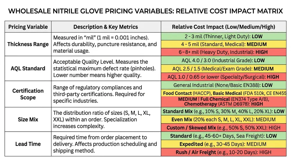 Pricing variable matrix for blue nitrile gloves wholesale container orders showing thickness, AQL, certification, and size mix factors