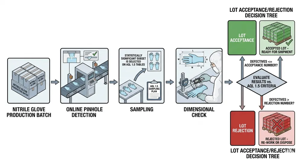 AQL 1.5 outgoing inspection workflow for blue nitrile gloves at container scale