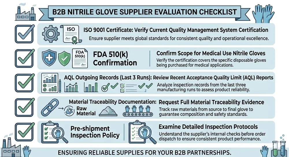 Supplier evaluation checklist for blue nitrile gloves wholesale container orders covering certifications, AQL records, and factory documentation