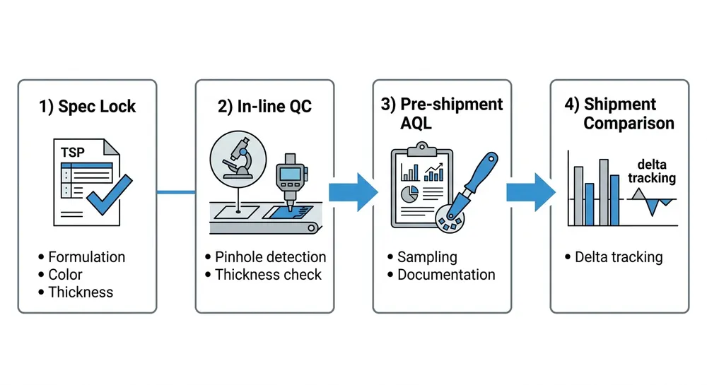 Process flow diagram showing the key checkpoints in a container order for disposable blue nitrile gloves to prevent spec drift