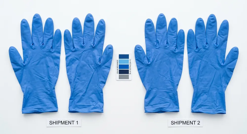 Retained Sample Comparison Between Shipments Side-by-side comparison of retained production samples from two consecutive container shipments of blue nitrile gloves