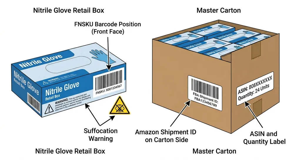 Diagram showing FBA-required label placement on nitrile glove retail box and master carton