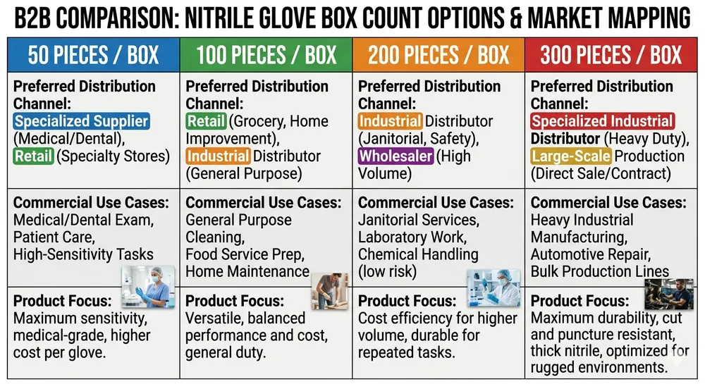 Comparison chart of nitrile glove box count options mapped to US distribution channels