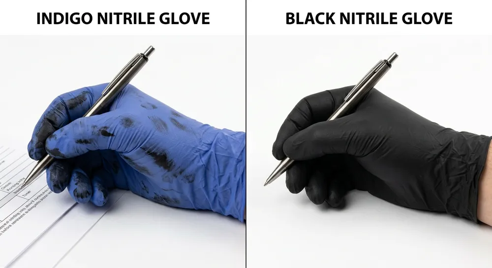 Indigo nitrile glove showing visible ink transfer contrast against skin during a tattoo procedure compared to black nitrile with no visible contamination indicator