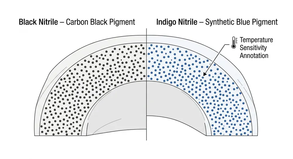 Side-by-side cross-section diagram showing carbon black pigment dispersion in black nitrile versus blue organic pigment dispersion in indigo nitrile glove compound