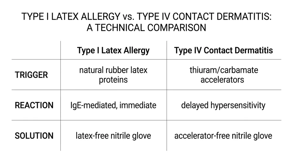 Type I vs Type IV Glove Allergy — Procurement Distinction Comparison table showing Type I latex allergy vs Type IV accelerator contact dermatitis triggers and relevant glove specifications