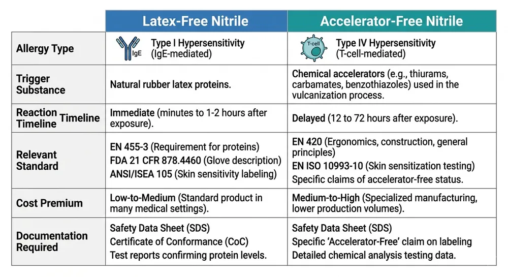 Latex-Free vs Accelerator-Free Nitrile Gloves Comparison Matrix Side-by-side comparison matrix of latex-free and accelerator-free nitrile gloves showing allergy type, standards, cost, and documentation requirements