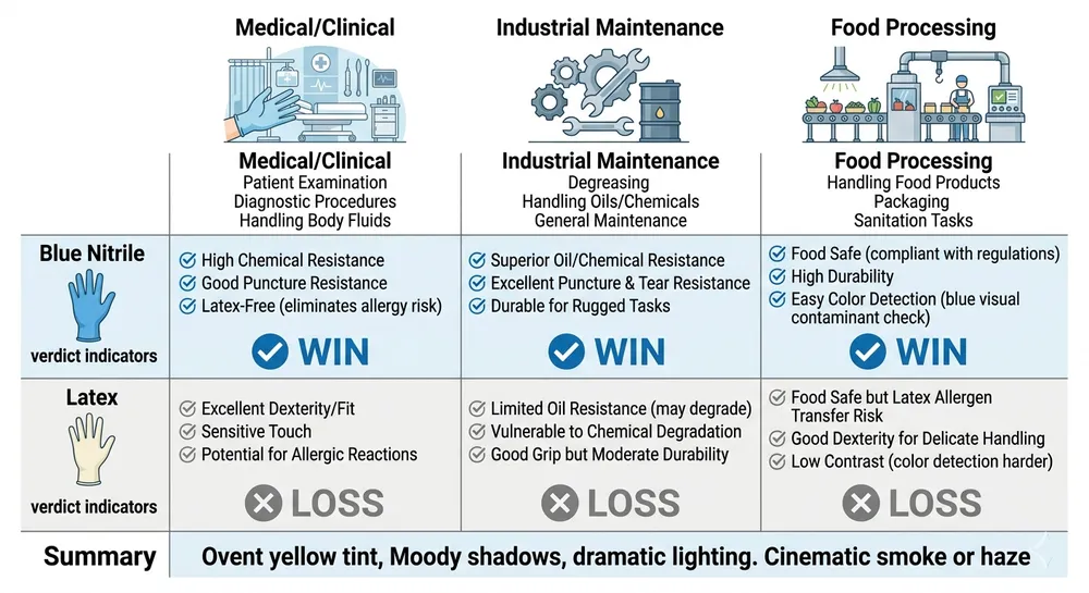 Decision map showing which glove type wins across medical, industrial, and food processing application scenarios