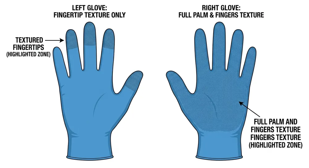 Fingertip vs Fully Textured Nitrile Glove Coverage Map Side-by-side illustration of fingertip-textured and fully textured nitrile glove showing texture coverage zones