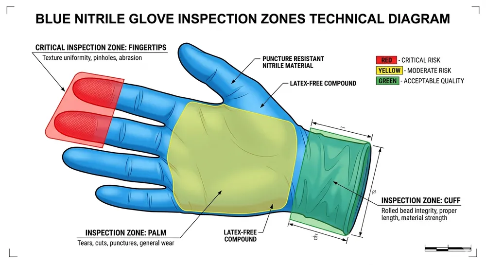 AQL Inspection Zones for Textured Nitrile Gloves Diagram showing AQL inspection zones on a textured nitrile glove with fingertip texture highlighted as a critical inspection area