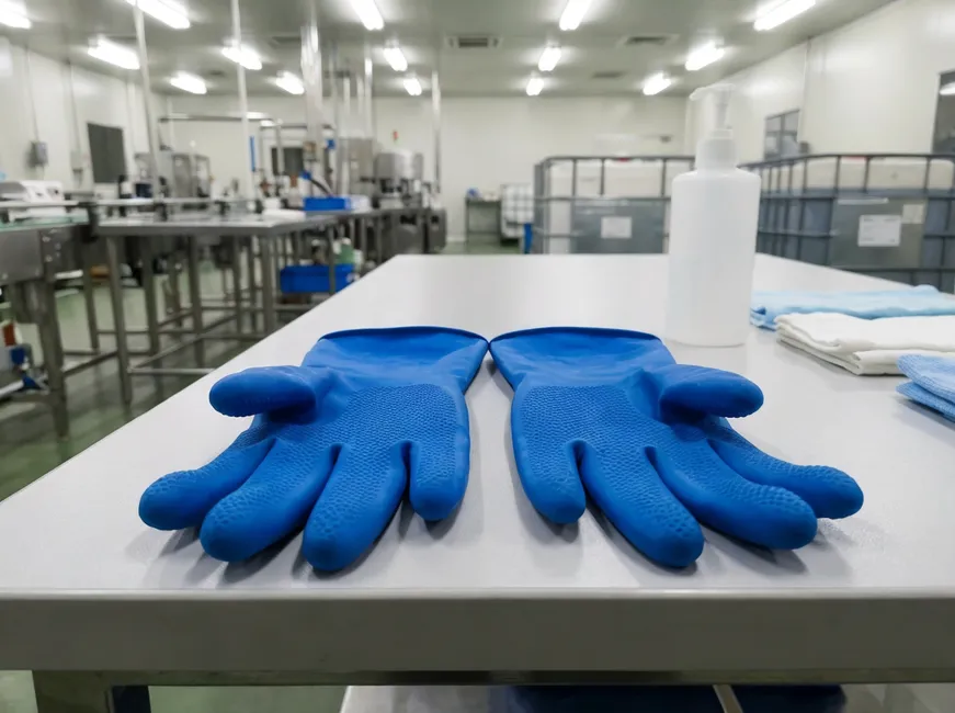 Blue nitrile cleaning gloves with 0.10-0.12mm wall thickness for extended-wear sanitation programs