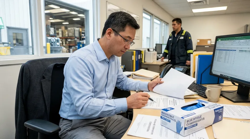 Institutional procurement manager reviewing glove supply agreement