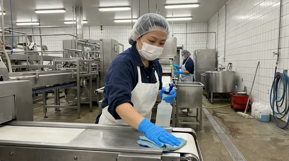 Food processing worker wearing blue nitrile gloves during sanitation cycle