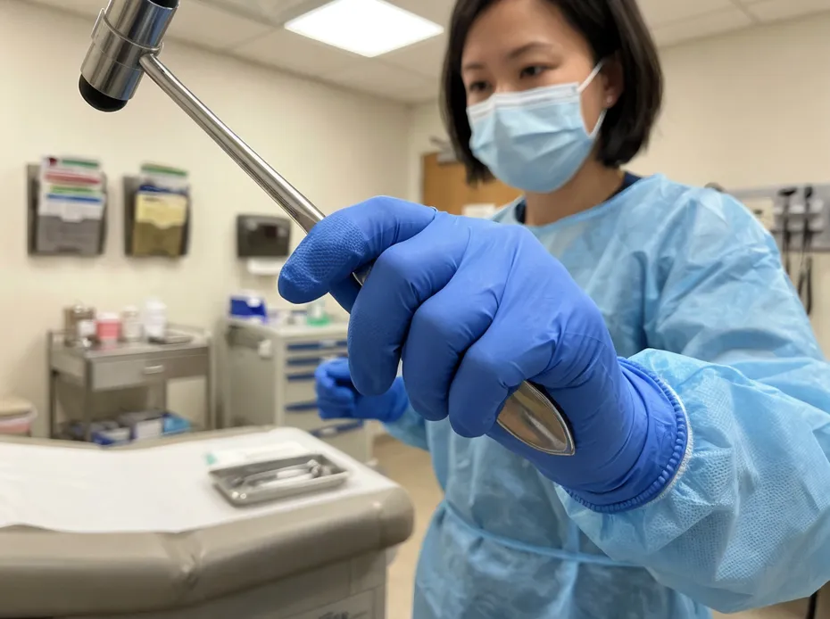 Blue nitrile exam gloves in clinical examination setting showing textured fingertip and beaded cuff