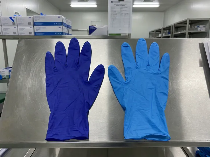 Side-by-side comparison of cobalt blue and standard blue nitrile gloves showing the deeper saturation