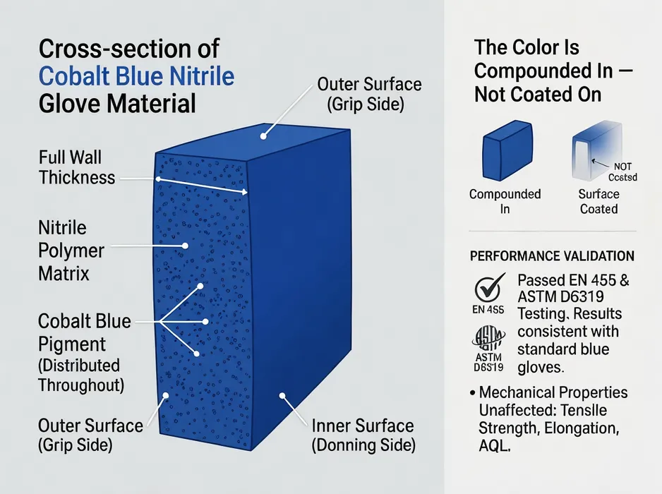Cross-section diagram showing cobalt blue pigment distributed throughout the full wall thickness of nitrile glove material