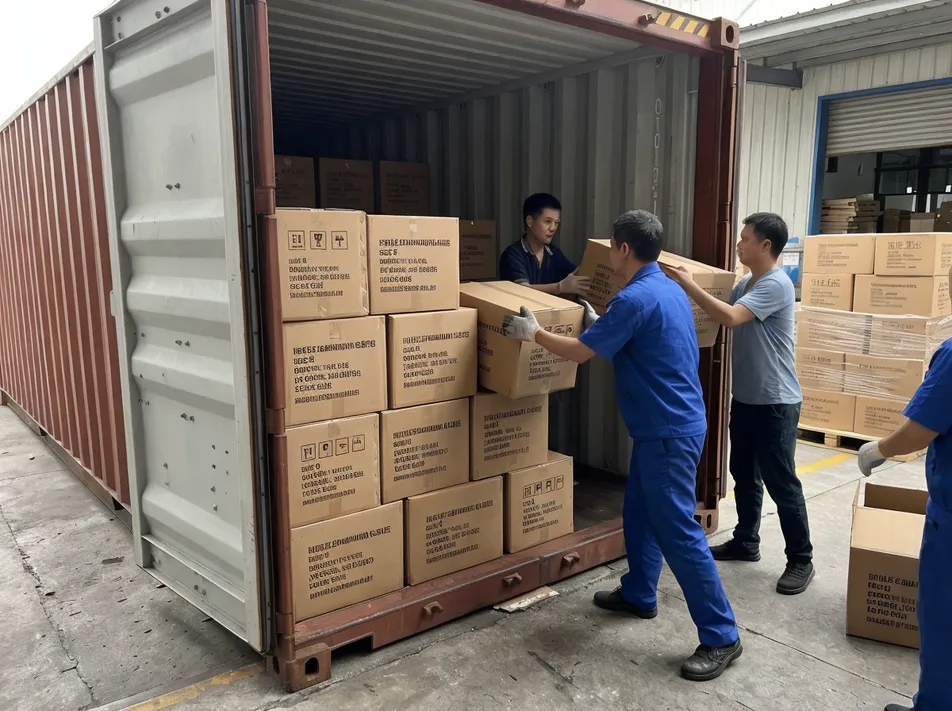Nitrile glove cartons being loaded into a shipping container