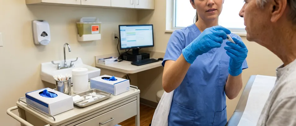 Blue nitrile exam gloves in outpatient clinic setting