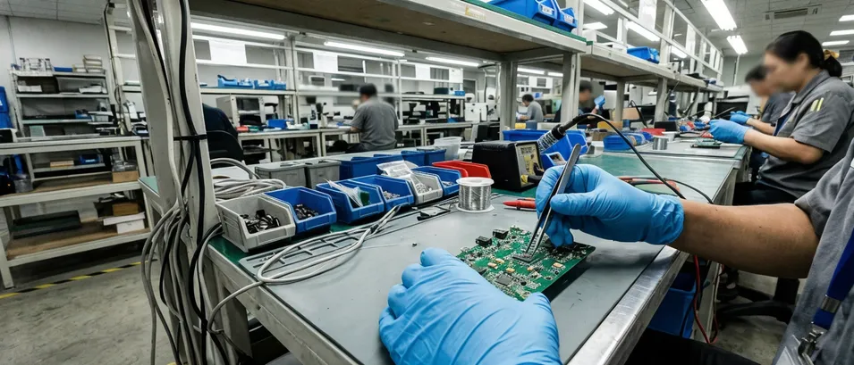 Blue nitrile gloves in electronics assembly and light industrial use