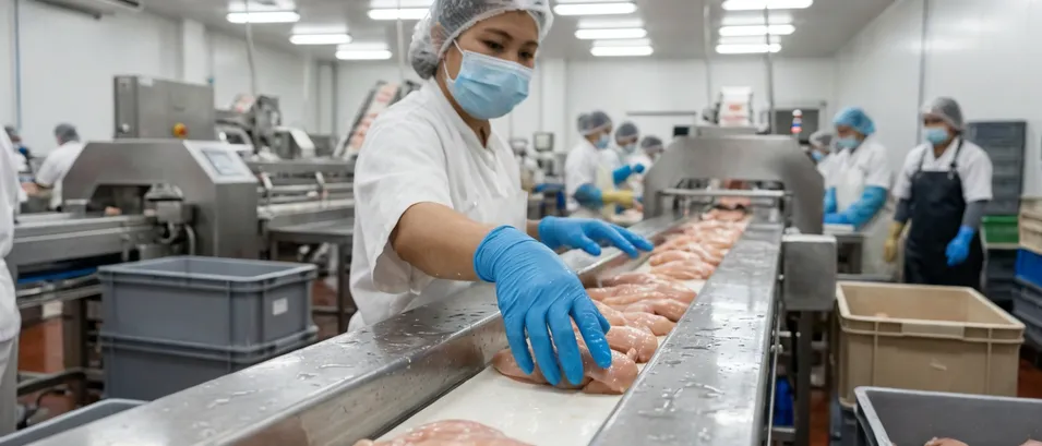 Blue nitrile gloves in food processing environment