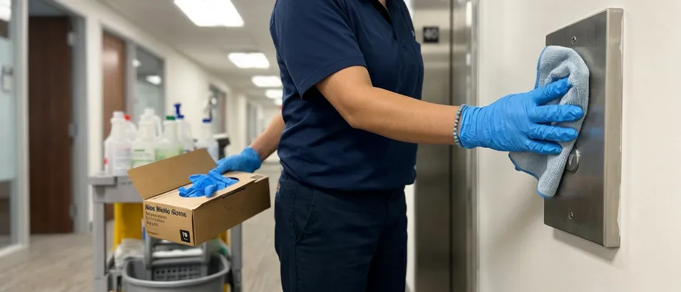 Blue nitrile gloves used in commercial janitorial and facility management