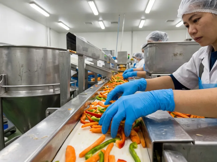 Blue nitrile glove color contrast on food processing line