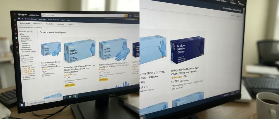 E-commerce and Amazon FBA indigo nitrile glove listings — near-navy shade stands out in search results